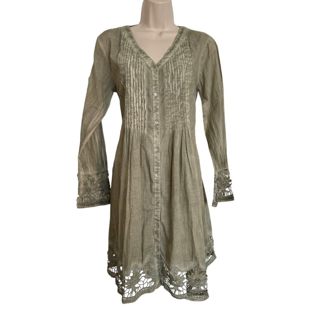 Raga Pintuck Pleat Lace Sleeve Green Shirt Dress Size XS oversized NWT